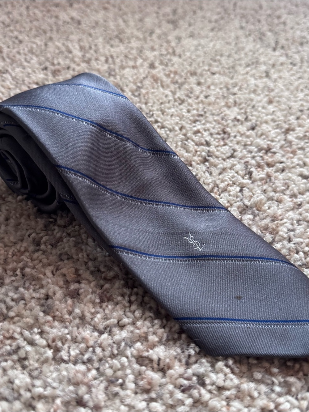 Yves Saint Laurent Silver Gray Silk Tie with Blue Stripes